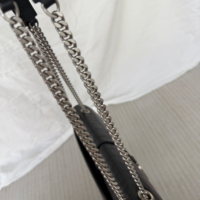 YSL Envelope Large Black Crocodile Pattern Embossed Leather Silver Hardware Shoulder Bag