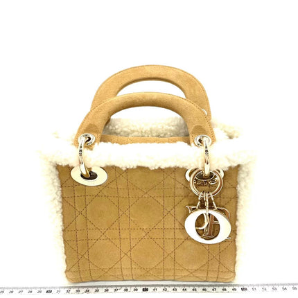 Lady Dior Mini Handbag Brown Leather Shearling Gold Hardware
