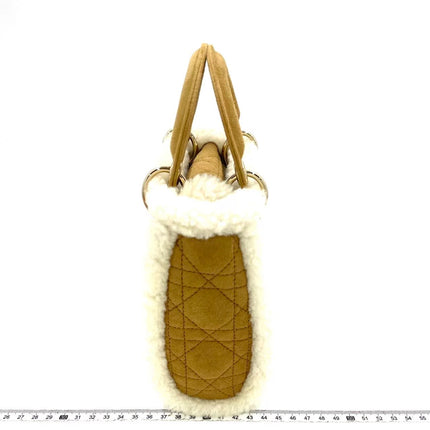 Lady Dior Mini Handbag Brown Leather Shearling Gold Hardware