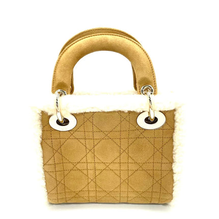 Lady Dior Mini Handbag Brown Leather Shearling Gold Hardware