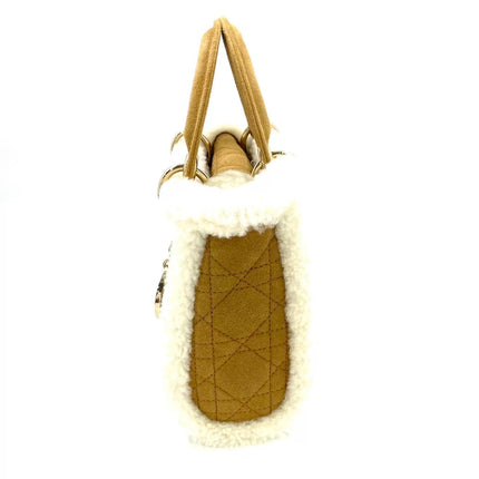 Lady Dior Mini Handbag Brown Leather Shearling Gold Hardware