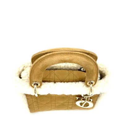 Lady Dior Mini Handbag Brown Leather Shearling Gold Hardware
