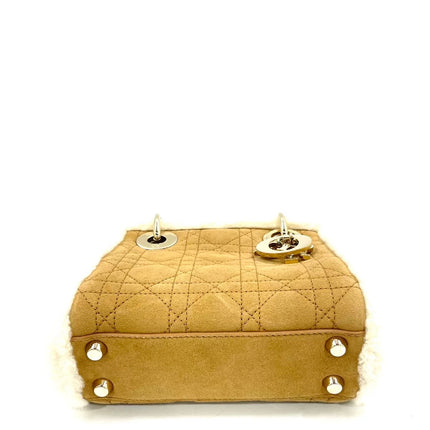 Lady Dior Mini Handbag Brown Leather Shearling Gold Hardware