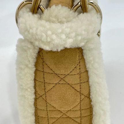 Lady Dior Mini Handbag Brown Leather Shearling Gold Hardware
