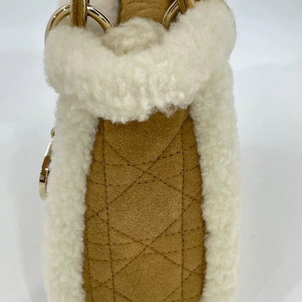 Lady Dior Mini Handbag Brown Leather Shearling Gold Hardware