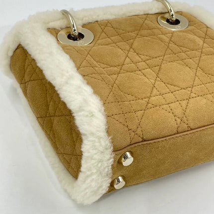 Lady Dior Mini Handbag Brown Leather Shearling Gold Hardware