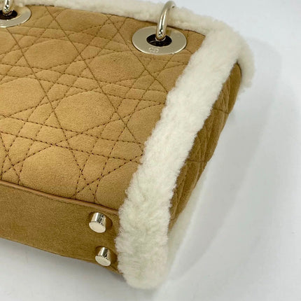 Lady Dior Mini Handbag Brown Leather Shearling Gold Hardware