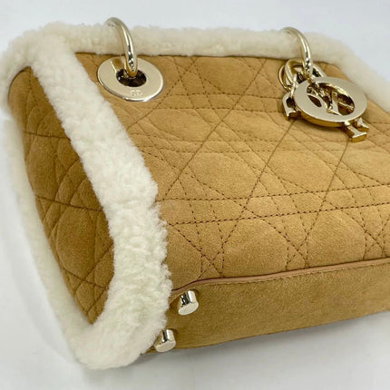 Lady Dior Mini Handbag Brown Leather Shearling Gold Hardware