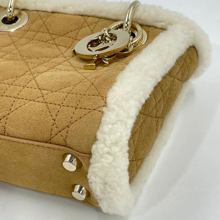 Lady Dior Mini Handbag Brown Leather Shearling Gold Hardware
