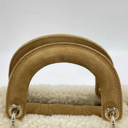Lady Dior Mini Handbag Brown Leather Shearling Gold Hardware