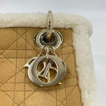Lady Dior Mini Handbag Brown Leather Shearling Gold Hardware