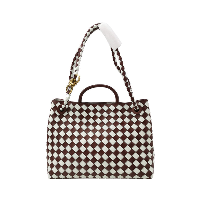 Bottega Veneta Andiamo Medium White and Burgundy Checkered Intrecciato Leather Handbag