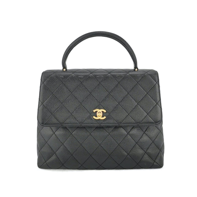 Chanel Vintage Top Handle Kelly Flap Bag Black Quilted Caviar Leather