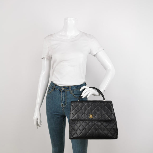 Sold Chanel Vintage Top Handle Kelly Flap Bag Black Quilted Caviar Leather