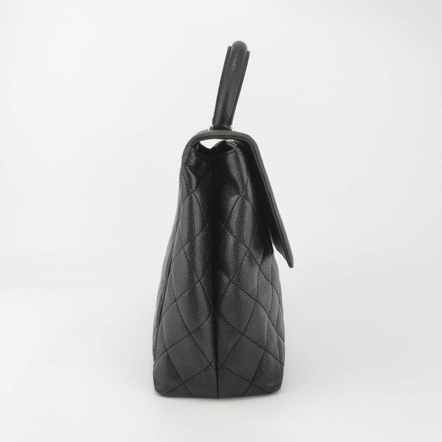 Sold Chanel Vintage Top Handle Kelly Flap Bag Black Quilted Caviar Leather