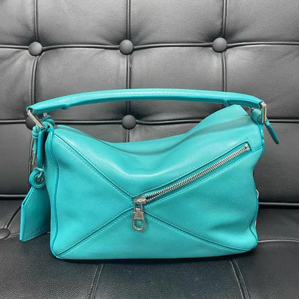 Loewe Small Featherlight Puzzle Soft Nappa Leather Top Handle Crossbody Bag Turquoise Aquamarine