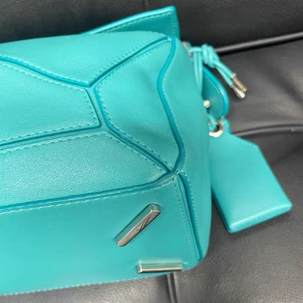 Loewe Small Featherlight Puzzle Soft Nappa Leather Top Handle Crossbody Bag Turquoise Aquamarine