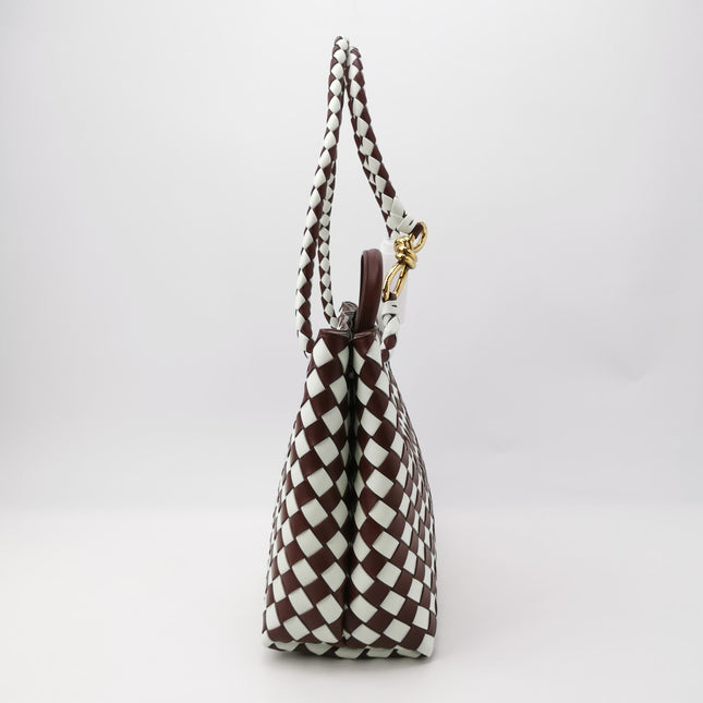 Bottega Veneta Andiamo Medium White and Burgundy Checkered Intrecciato Leather Handbag