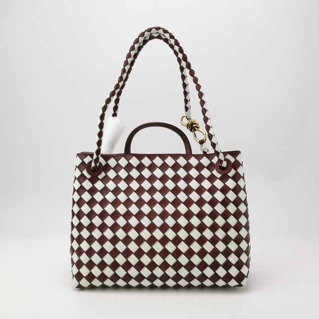 Bottega Veneta Andiamo Medium White and Burgundy Checkered Intrecciato Leather Handbag
