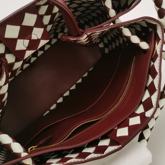 Bottega Veneta Andiamo Medium White and Burgundy Checkered Intrecciato Leather Handbag