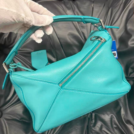Loewe Small Featherlight Puzzle Soft Nappa Leather Top Handle Crossbody Bag Turquoise Aquamarine