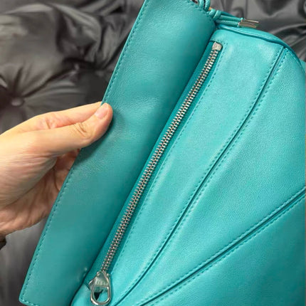 Loewe Small Featherlight Puzzle Soft Nappa Leather Top Handle Crossbody Bag Turquoise Aquamarine