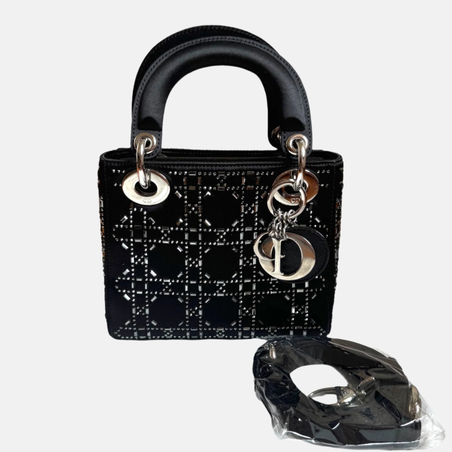 Lady Dior Mini Black Silk with Crystals Silver Hardware-Luxbags