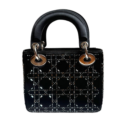 Lady Dior Mini Black Silk with Crystals Silver Hardware