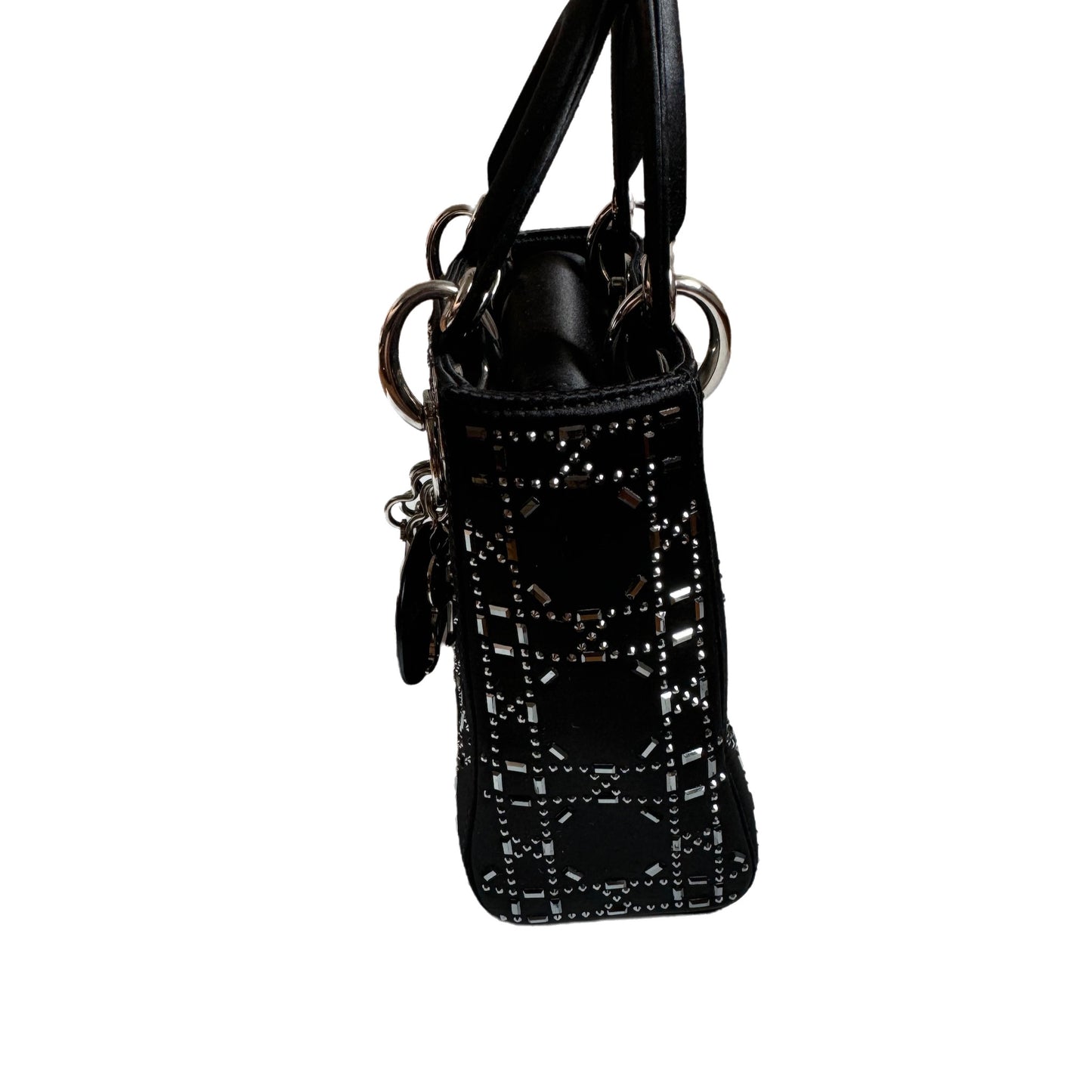 Lady Dior Mini Black Silk with Crystals Silver Hardware