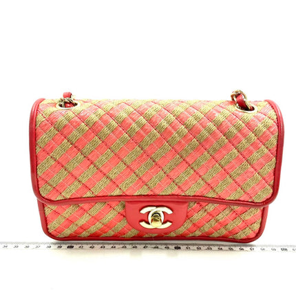 Chanel Mini Raffia Jute Striped Flap Bag Red Diamond Wild Stitch