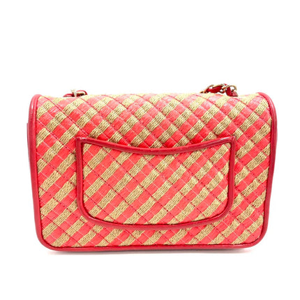 Chanel Mini Raffia Jute Striped Flap Bag Red Diamond Wild Stitch