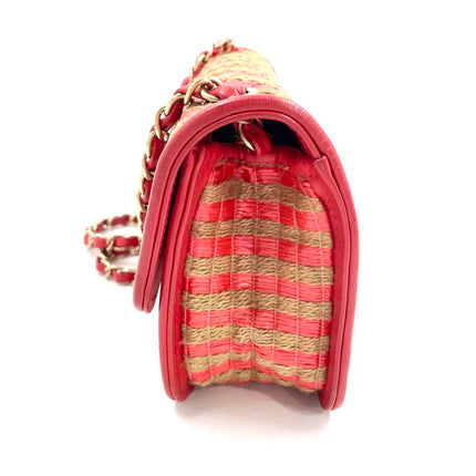Chanel Mini Raffia Jute Striped Flap Bag Red Diamond Wild Stitch