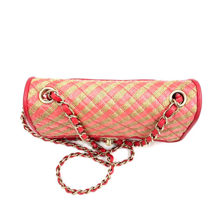 Chanel Mini Raffia Jute Striped Flap Bag Red Diamond Wild Stitch