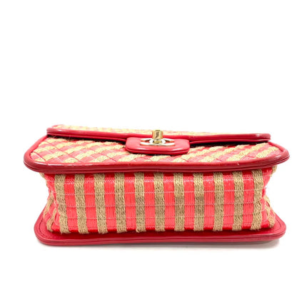 Chanel Mini Raffia Jute Striped Flap Bag Red Diamond Wild Stitch