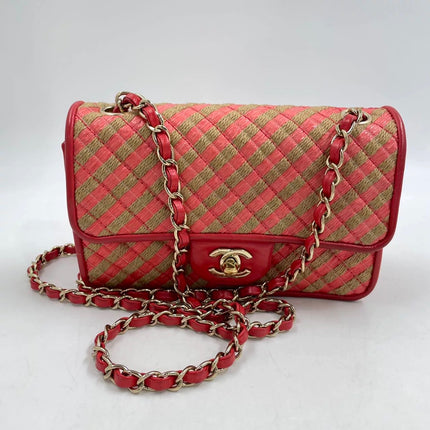 Chanel Mini Raffia Jute Striped Flap Bag Red Diamond Wild Stitch