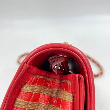 Chanel Mini Raffia Jute Striped Flap Bag Red Diamond Wild Stitch