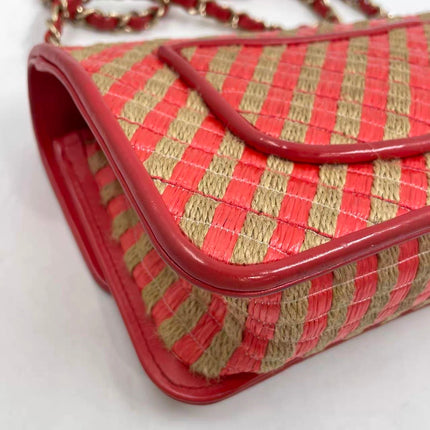 Chanel Mini Raffia Jute Striped Flap Bag Red Diamond Wild Stitch