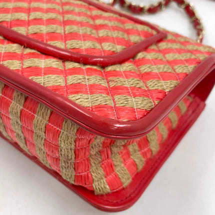 Chanel Mini Raffia Jute Striped Flap Bag Red Diamond Wild Stitch
