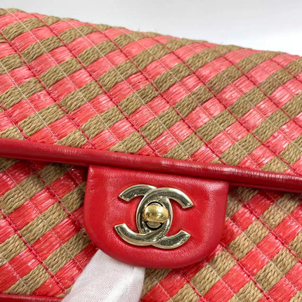 Chanel Mini Raffia Jute Striped Flap Bag Red Diamond Wild Stitch