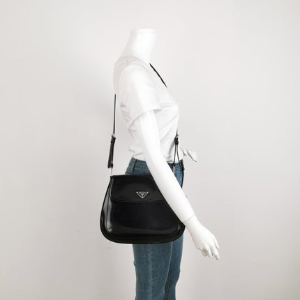Sold Prada Cleo Flap Medium Black Brushed Leather Crossbody Bag