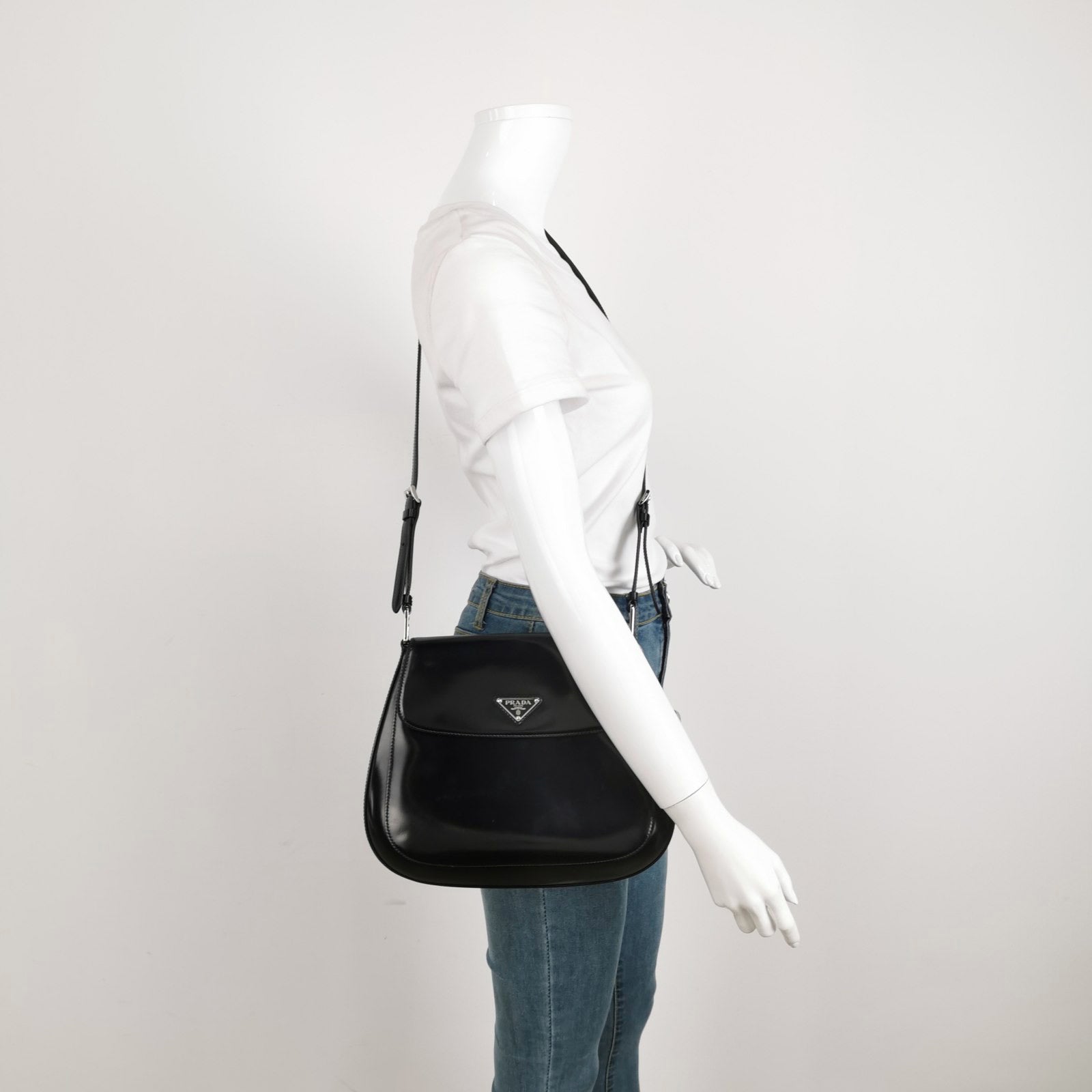 Sold Prada Cleo Flap Medium Black Brushed Leather Crossbody Bag