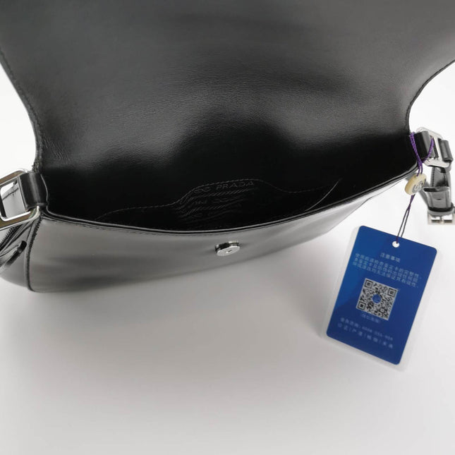 Sold Prada Cleo Flap Medium Black Brushed Leather Crossbody Bag