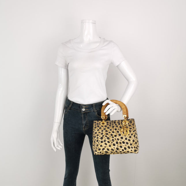 Sold Lady Dior Medium Leopard Print Quilted Cloth Handbag
