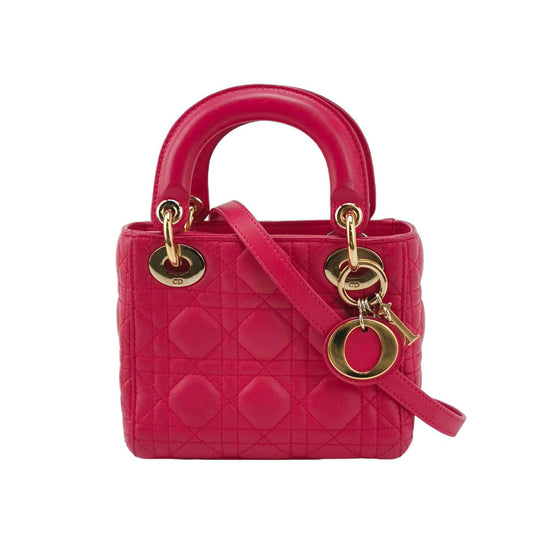 Lady Dior Mini Fuchsia Pink handbag Cannage Leather with strap