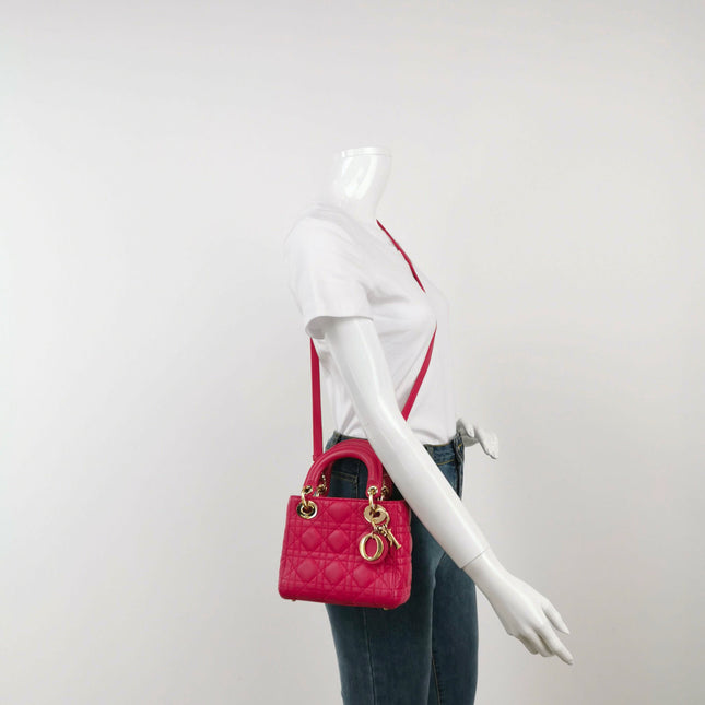 Sold Lady Dior Mini Fuchsia Pink handbag Cannage Leather with strap