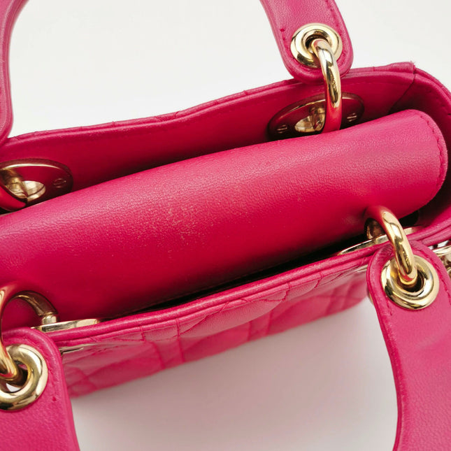 Sold Lady Dior Mini Fuchsia Pink handbag Cannage Leather with strap