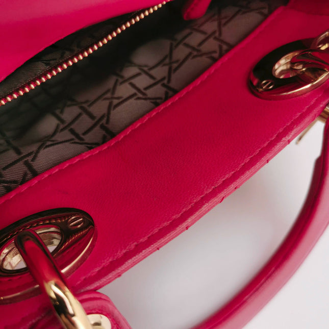 Sold Lady Dior Mini Fuchsia Pink handbag Cannage Leather with strap