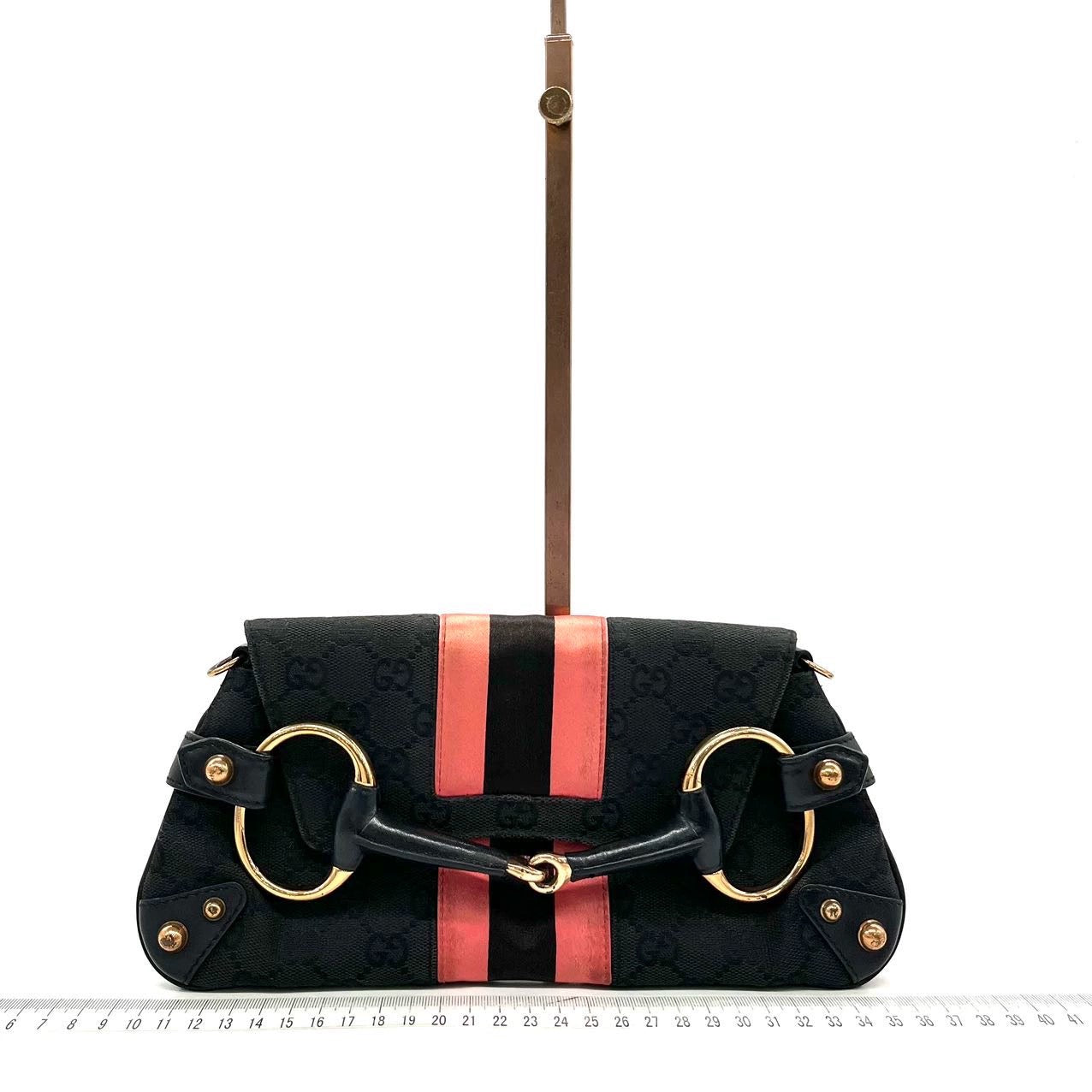 Gucci Horsebit 1955 Chain Shoulder bag Black monogram with Pink silk stripe