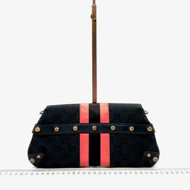 Gucci Horsebit 1955 Chain Shoulder bag Black monogram with Pink silk stripe