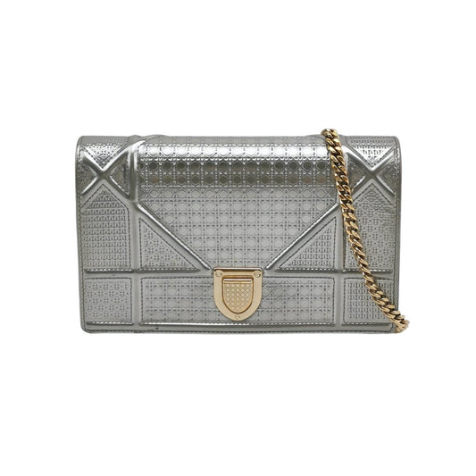 Dior Diorama Wallet on Chain Micro-cannage Silver Metallic Patent Leather Crossbody Bag-Luxbags